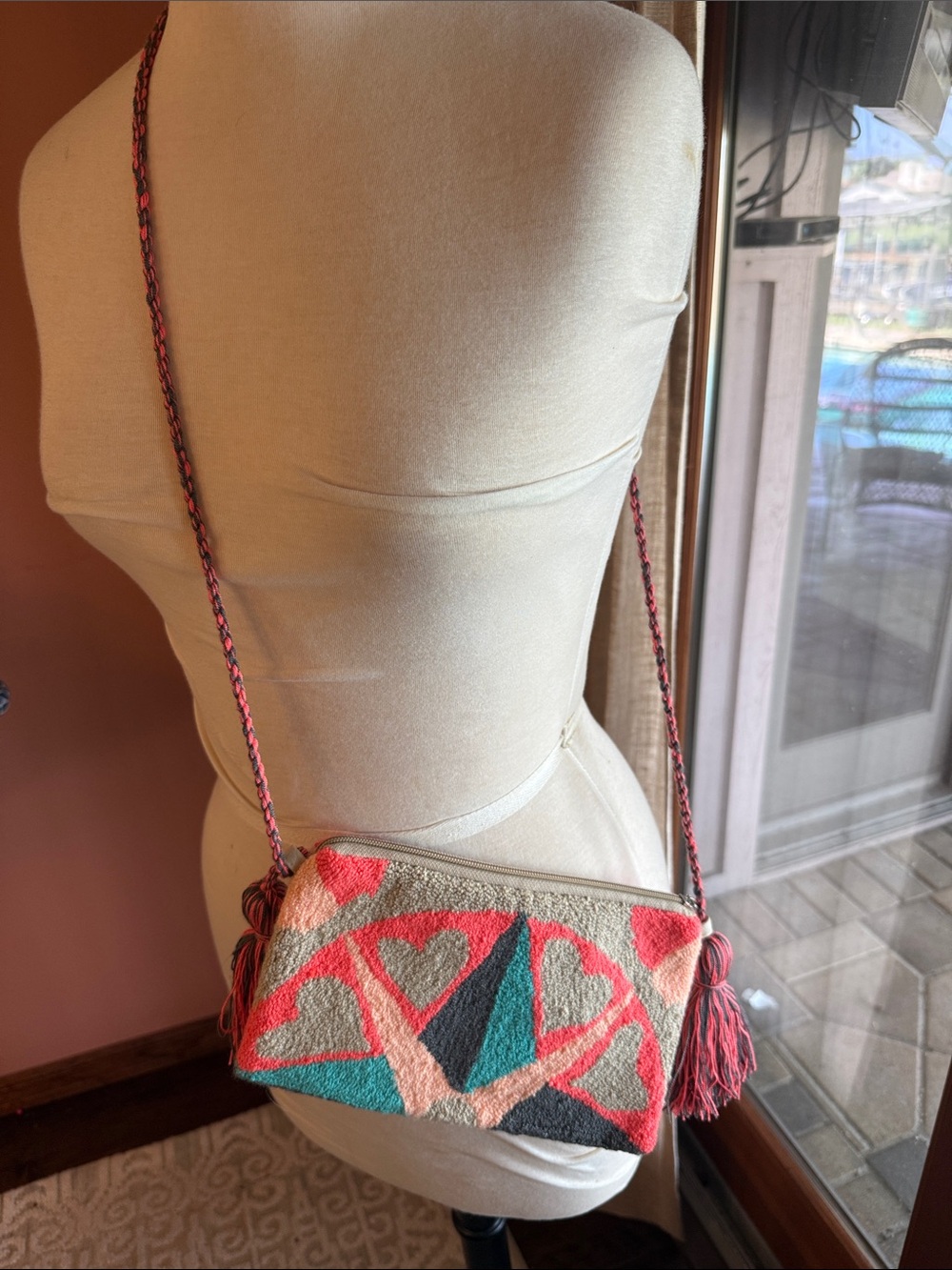 Colorblock Heart Embroidered Crossbody Bag - Pink, Teal & Gray